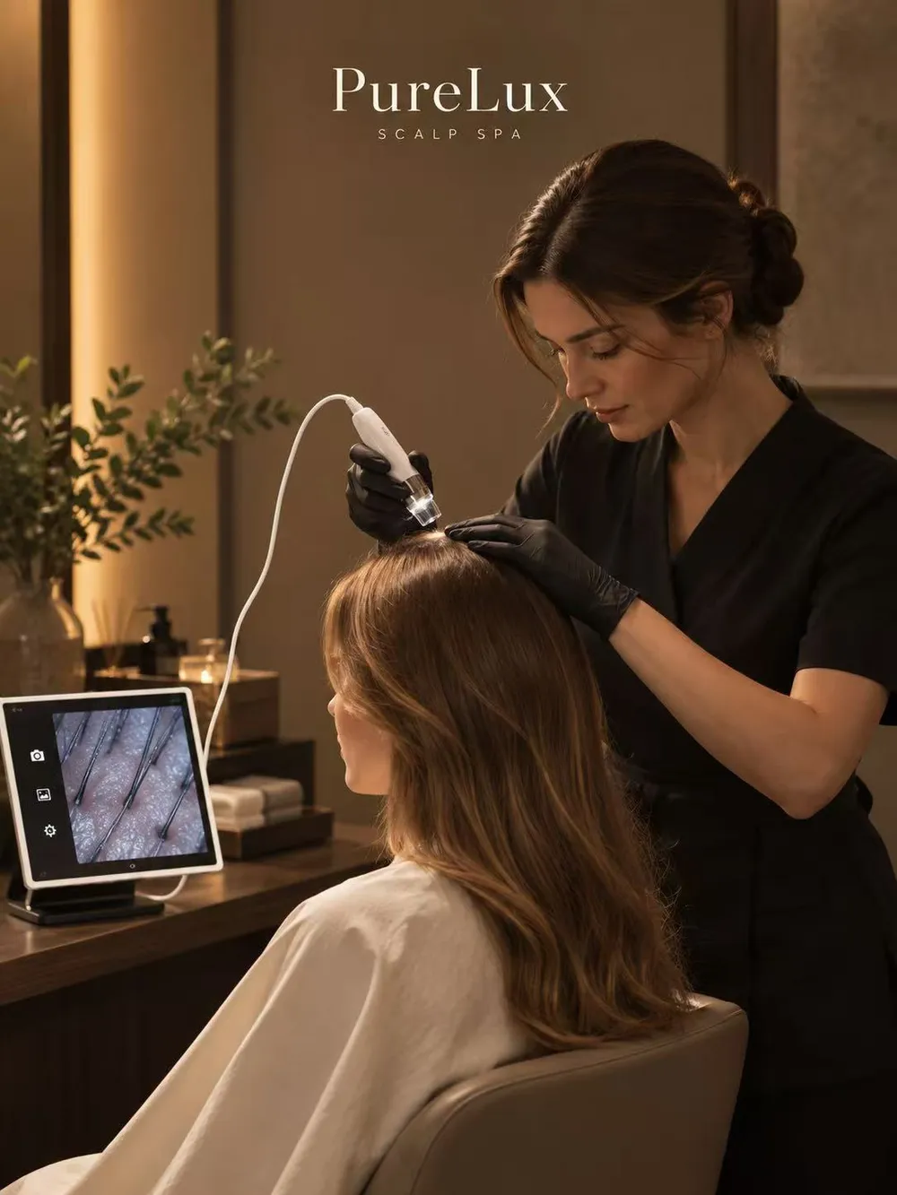 A practitioner examining a guest’s scalp with a digital scope