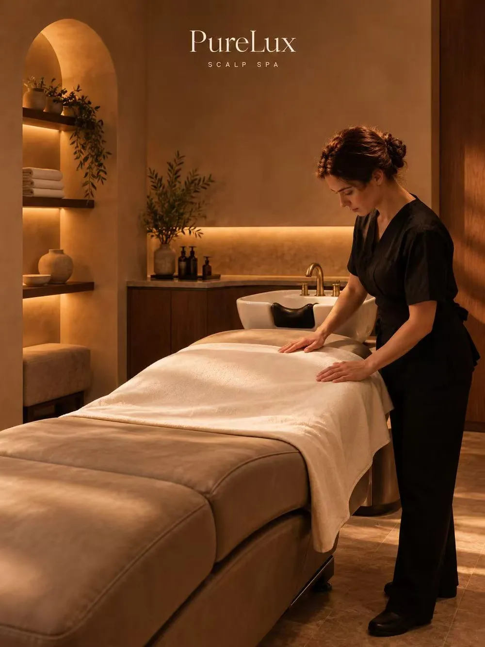 A practitioner preparing a Purelux treatment bed