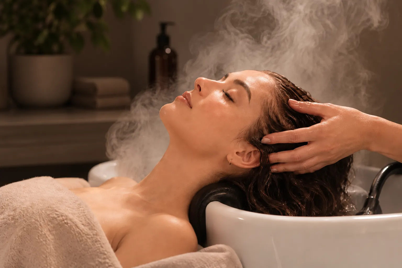 A guest receiving steam scalp care at Purelux