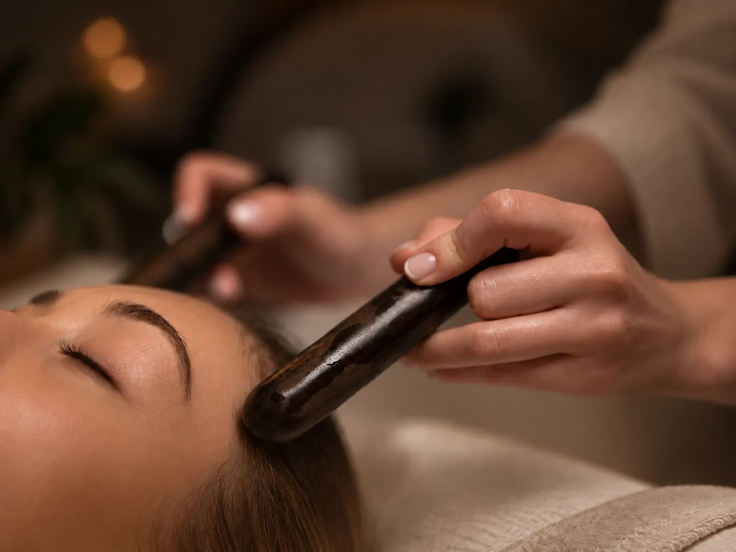 A guest receiving a scalp massage with care tools at Purelux